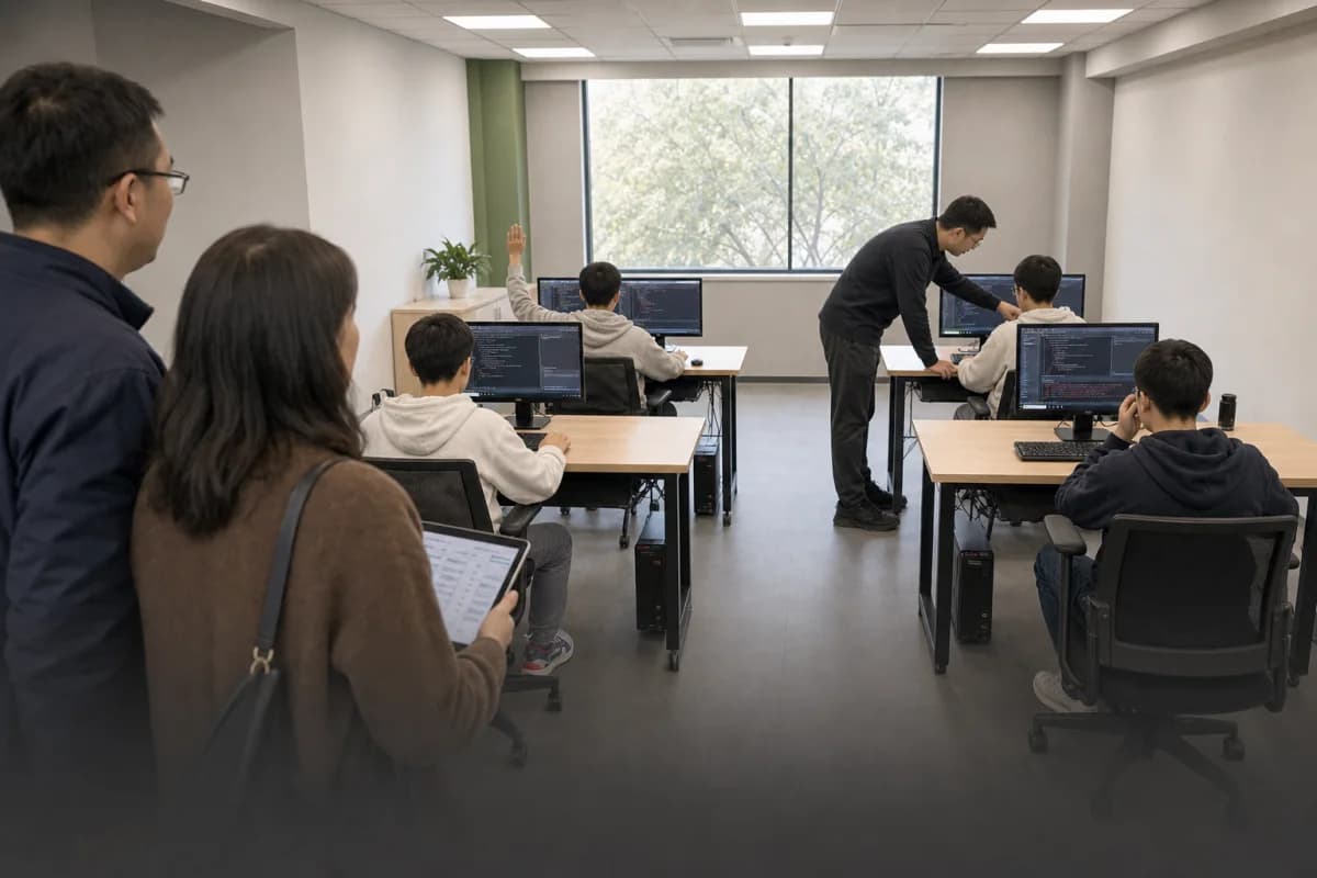 现代信奥训练空间里，多名学生练习时等待有限的教师逐一辅导
